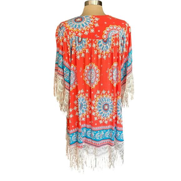 Umgee Orange Turquoise Medallion Print Kimono Lace Fringe Size M/L Boho Casual - Picture 3 of 7
